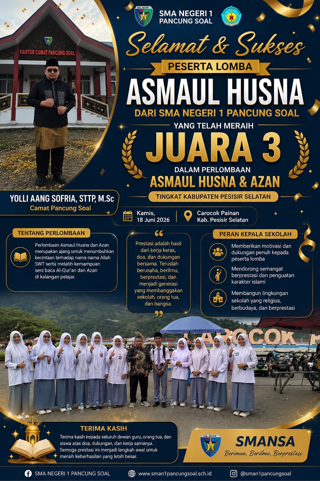 CAMAT PANCUNG SOAL UCAPKAN SELAMAT ATAS JUARA III LOMBA ASMAUL HUSNA